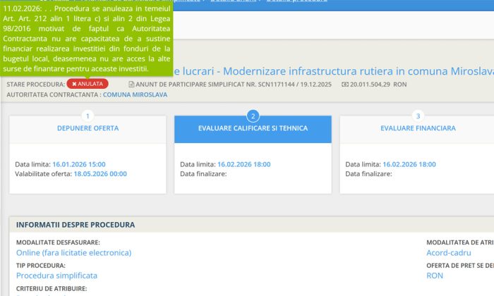 anulare licitatie miroslava