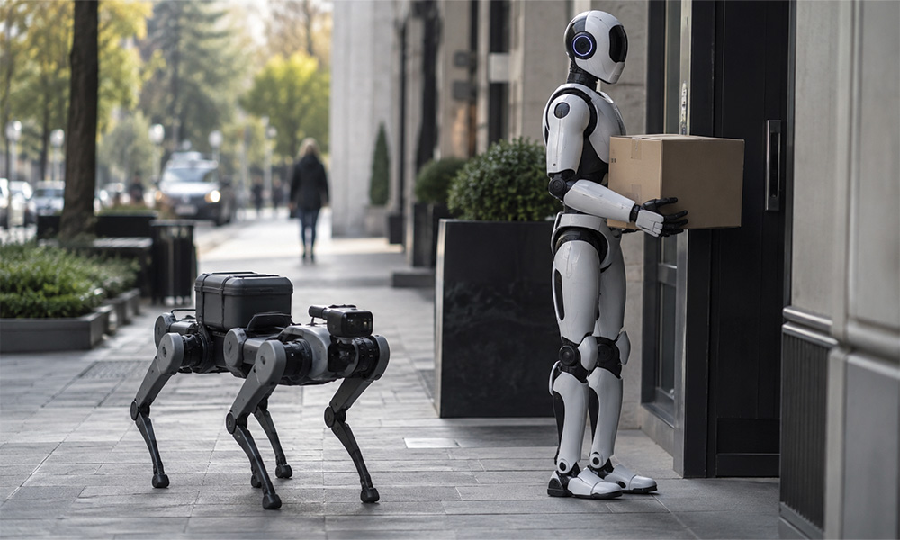 roboti curieri - imagine creata cu AI